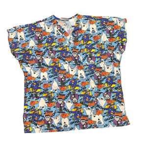 Halloween JLT Scrub Top Frankenstein Witches Pumpkins Bats Ghost Size 1X Vintage